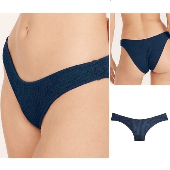 J Crew Navy Blue Jacquard Texture Curve Waist Cheeky Bikini Bottom NWT - Picture 1 of 16